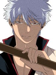  1boy arm_up black_eyes black_shirt closed_mouth collared_shirt earrings film_grain gintama holding holding_staff jewelry male_focus piercing popped_collar red_trim sakata_gintoki sanpaku shirt short_hair simple_background solo staff stud_earrings upper_body white_background white_hair yubi_nui21 