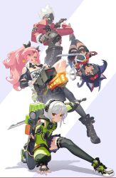 1boy anby_demara animal_ears billy_kid long_hair multiple_girls nekomiya_mana nicole_demara pose short_hair weapon zenless_zone_zero