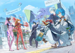  >_< 2boys 3girls absurdres ayanami_rei bag beer_can bird black_bodysuit black_hair black_jacket black_pants blue_eyes blue_hair blue_hairband blue_sky bodysuit breasts brown_hair building can city closed_eyes clouds commentary_request crane_(machine) day drink_can eva_01 evangelion_(mecha) flower full_body glasses grey_hair grin hairband hand_on_own_head hand_on_own_hip highres id_card ikari_shinji interface_headset_(evangelion) jacket lanyard long_hair looking_at_animal looking_at_another makinami_mari_illustrious mass_production_eva mecha mecha_pilot_suit medium_breasts multiple_boys multiple_girls nagisa_kaworu neon_genesis_evangelion nerv open_mouth outdoors pants parted_lips penguin penpen pink_bodysuit plant plugsuit_(evangelion) pointing pointing_at_another potted_plant rebuild_of_evangelion red-framed_eyewear red_bodysuit red_eyes robot shoes short_hair shoulder_bag sign sky skyscraper smile sora-bakabon souryuu_asuka_langley squatting standing track_jacket white_bag white_bodysuit white_shoes 