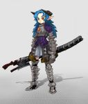  armor blue_hair horns pointy_ears red_eyes sword weapon 