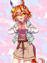  +_+ 1girl animal_ears blush breasts brown_shorts clover_hair_ornament commentary_request daruma_doll daruma_doll_hair_ornament ear_covers flipped_hair four-leaf_clover_hair_ornament hair_between_eyes hair_ornament highres horse_ears horse_girl horse_tail jacket long_sleeves looking_at_viewer matikanefukukitaru_(casual)_(umamusume) matikanefukukitaru_(umamusume) open_mouth orange_hair pink_shirt shirt short_hair shorts single_ear_cover smile solo striped_clothes striped_jacket sugimotty_nova tail umamusume vertical-striped_clothes vertical-striped_jacket 