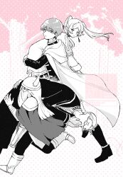  1girl 3boys beard black_boots black_robe blunt_ends boots capelet carrying_over_shoulder cloak commentary_request covering_own_mouth dwarf earrings eisen_(sousou_no_frieren) elf facial_hair fake_horns frieren glasses hair_between_eyes hair_slicked_back heiter helmet highres himmel_(sousou_no_frieren) horned_helmet horns jacket jewelry long_hair mole mole_under_eye monochrome multiple_boys parted_bangs pointy_ears robe running semisemimin short_hair sousou_no_frieren twintails white_boots white_capelet white_cloak white_jacket 