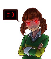 1girl 2022 2d brown_hair chara_(undertale) collared_shirt commentary crossed_arms digital_media english_commentary female female_only glowing glowing_eyes green_sweater head_tilt highres horizontal-striped_clothes horizontal-striped_sweater human human_only konozer0da long_sleeves looking_at_viewer no_pupils red_eyes shirt short_hair simple_background smile smug solo spoken_smile standing striped_clothes striped_sweater sweater sweater_over_shirt undertale upper_body utdr_(toby_fox) white_background white_shirt yellow_stripes
