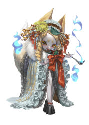  1girl :p animal_ears blonde_hair blush chibi colored_eyelashes drill_hair eyelashes fox_ears fox_tail frilled_kimono frills full_body grey_eyes hair_ornament highres hitodama holding holding_smoking_pipe japanese_clothes jonpei kanzashi kimono kitsune long_hair looking_at_viewer original platform_shoes shoes short_eyebrows smile smoking_pipe solo tail tongue tongue_out twin_drills 