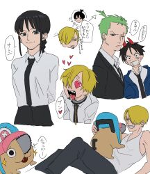  1girl blonde_hair chainsaw_man collared_shirt commentary_request cosplay crossover curly_eyebrows facial_hair feichangkou formal_clothes goatee hair_over_one_eye hayakawa_aki hayakawa_aki_(cosplay) heart heart-shaped_pupils highres makima_(chainsaw_man) makima_(chainsaw_man)_(cosplay) monkey_d._luffy multiple_boys mustache_stubble necktie nico_robin one_piece pochita_(chainsaw_man) pochita_(chainsaw_man)_(cosplay) power_(chainsaw_man) power_(chainsaw_man)_(cosplay) roronoa_zoro sanji_(one_piece) shirt stubble symbol-shaped_pupils tony_tony_chopper 