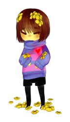  1other 2016 2d ambiguous_gender annaburritto black_pantyhose black_shorts brown_hair child commentary digital_media double_horizontal_stripe english_commentary flower flower_on_arm flower_on_head frisk_(undertale) full_body glowing glowing_heart heart horizontal-striped_clothes human human_only long_sleeves other_focus painttool_sai_(medium) pantyhose pantyhose_under_shorts pink_stripes purple_sweater short_hair shorts simple_background sleeves_past_wrists solo standing striped_clothes striped_sweater sweater transparent_background two-tone_sweater undertale utdr_(toby_fox) yellow_flower 