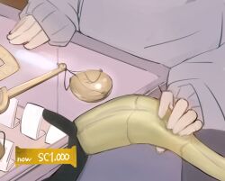  1girl aura_(sousou_no_frieren) balance_scale counter demon_horns display_case english_text fake_horns gold_necklace grey_sweater hairband head_out_of_frame higemu highres horn_hairband horns jewelry necklace pawn_stars sleeves_past_wrists solo sousou_no_frieren sweater weighing_scale 