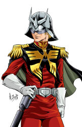  1boy 2024 belt blonde_hair capelet char_aznable combat_helmet dated epaulettes eye_mask gloves gundam helmet highres holding holding_weapon holster mask military_rank_insignia military_uniform mobile_suit_gundam photoshop_(medium) science_fiction signature soldier weapon western_comics_(style) white_background white_gloves 