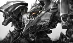  03-aaliyah armored_core armored_core_4 artist_name assault_visor commentary_request glowing greyscale highres mecha mecha_focus monochrome no_humans orange_visor robot science_fiction signature spot_color white_background yossy_project 