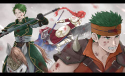  1girl 2boys aplche armor blood blood_on_armor blood_on_face boyd_(fire_emblem) breastplate brothers clenched_teeth closed_eyes commentary_request fire_emblem fire_emblem:_radiant_dawn green_eyes green_hair highres holding holding_polearm holding_weapon horse horseback_riding letterboxed long_hair multiple_boys oscar_(fire_emblem) polearm red_hair riding short_hair siblings teeth titania_(fire_emblem) weapon 