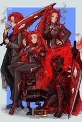  4girls armor ascot black_ascot black_pants bleparts bodysuit breasts brooch character_name cigarette coat covered_face e.g.o_(project_moon) full_armor gebura_(project_moon) grey_eyes heterochromia highres holding holding_sword holding_weapon jewelry kali_(project_moon) kneeling library_of_ruina lobotomy_corporation long_hair long_sleeves mimicry_(e.g.o) multiple_girls multiple_persona over_shoulder pants parted_bangs ponytail project_moon red_coat red_hair robot scar scar_on_face sitting smoking sword sword_over_shoulder time_paradox very_long_hair weapon weapon_over_shoulder yellow_eyes 