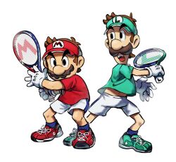  2boys black_eyes blue_socks brothers brown_facial_hair brown_hair facial_hair gloves green_hat green_shirt green_shoes hat holding holding_tennis_racket looking_at_viewer looking_to_the_side luigi male_focus mario mario_tennis mario_tennis_fever multiple_boys mustache navel official_alternate_costume open_mouth racket red_shirt red_shoes red_visor shirt shoes short_hair short_sleeves shorts siblings sneakers socks standing super_mario_bros. teeth tennis_racket upper_teeth_only visor_cap white_background white_gloves white_shorts yamari_(ya_mari_6363) 