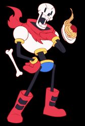  1boy 2025 2d armor bia_busana black_background blue_shorts bone boots commentary digital_media english_commentary food full_body gloves hand_on_own_chest hand_on_own_hip highres humanoid male male_focus male_only monster monster_boy open_mouth papyrus_(undertale) pasta plate red_boots red_gloves red_scarf scarf shorts simple_background skeleton solo spaghetti standing teeth undead undertale utdr_(toby_fox) white_armor 
