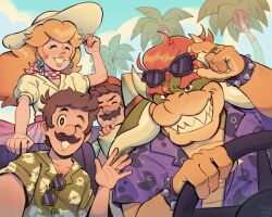  1girl 3boys absurdres alternate_costume arm_up blonde_hair blue_eyes bowser bracelet brown_hair closed_eyes commentary day didy414 earrings english_commentary facial_hair green_shirt grin hat highres horns jewelry long_hair long_skirt looking_at_viewer luigi mario mario_kart mario_kart_world multiple_boys mustache neckerchief official_alternate_costume outdoors palm_tree pink_lips pink_neckerchief pink_skirt polka_dot_neckerchief princess_peach princess_peach_(vacation) print_shirt puffy_short_sleeves puffy_sleeves purple_shirt red_hair ring sharp_teeth shirt short_hair short_sleeves skirt smile solo sphere_earrings spiked_bracelet spikes steering_wheel sun_hat sunglasses super_mario_bros. teeth tree white_hat white_shirt 