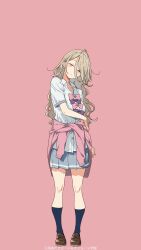  1girl black_socks blonde_hair blush bow breasts brown_shoes collared_shirt grey_skirt hand_on_own_arm highres imigimuru knees large_breasts long_hair looking_at_viewer make_heroine_ga_oo_sugiru! official_art partially_unbuttoned pink_background pink_bow pink_sweater pleated_skirt purple_bow ribbon school_uniform second-party_source shikiya_yumeko shirt shoes short_sleeves simple_background skirt socks solo standing sweater tied_sweater tsuwabuki_high_school_uniform unbuttoned very_long_hair white_shirt 