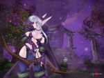  arrow blue_eyes bow_(weapon) bra elbow_gloves elf forest gloves lingerie nature night_elf pointy_ears ruins thigh-highs warcraft white_hair world_of_warcraft young_wang 