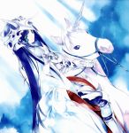  armor blue_eyes blue_hair cape highres long_hair sumi_keiichi unicorn 