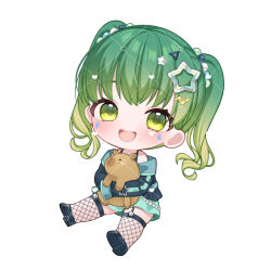  1girl :d animal animal_hug black_jacket black_shoes capybara chibi chitetan commentary_request copyright_request dotted_line fishnet_thighhighs fishnets full_body gradient_hair green_eyes green_hair hair_ornament heart jacket lightning_bolt_hair_ornament lightning_bolt_symbol multicolored_hair shoe_soles shoes simple_background sitting smile solo star_(symbol) star_hair_ornament thigh-highs twintails virtual_youtuber watermark white_background 