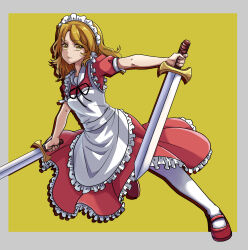  1girl apron blonde_hair dress dual_wielding expressionless frills hair_ornament highres holding holding_sword holding_weapon kyoto_kiranami long_hair maid maid_headdress outside_border puffy_short_sleeves puffy_sleeves red_dress red_shoes ribbon shoes short_sleeves solo sword thigh-highs touhou touhou_(pc-98) weapon white_thighhighs yellow_background yellow_eyes yumeko_(touhou) 