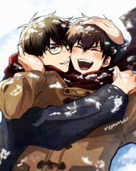  2boys ace_of_diamond black_hair blush brown_hair closed_eyes closed_mouth coat commentary_request duffel_coat glasses hand_on_another's_head happy highres hug_from_side male_focus miyuki_kazuya multiple_boys one_eye_closed open_mouth potato_pois rectangular_eyewear red_scarf sawamura_eijun scarf sideburns smile snow twitter_username upper_body watermark 