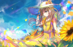  1girl blonde_hair blue_eyes brown_hair closed_mouth clouds dress field flower flower_field flower_on_head hand_on_own_head hat kazu_(muchuukai) looking_to_the_side original outdoors petals plaid_clothes plaid_dress sky solo standing straw_hat sunflower sunflower_field sunlight wind yellow_dress 