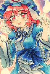  1girl :d bad_id bad_pixiv_id blue_hat blue_kimono blue_sash center_frills commentary_request frilled_sash frilled_shirt_collar frills hands_up hat highres japanese_clothes kimono long_sleeves looking_at_viewer maa_(forsythia1729) mob_cap open_mouth pink_eyes pink_hair saigyouji_yuyuko sash short_hair smile solo touhou triangular_headpiece upper_body wide_sleeves 