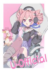  1girl absurdres arknights asymmetrical_legwear black_jacket black_socks blue_eyes bolo_tie chair character_name commentary crossed_bangs english_commentary feet_out_of_frame gaming_chair halftone hand_in_own_hair highres jacket kneehighs leg_warmers looking_at_viewer mismatched_legwear multicolored_eyes multicolored_hair off_shoulder on_chair open_mouth pink_eyes pink_hair purple_hair purple_jacket purple_skirt sailor_collar short_hair single_kneehigh single_leg_warmer single_sock sitting skirt sleeves_past_wrists socks solo stuffed_animal stuffed_toy swivel_chair two-sided_fabric two-sided_jacket two-tone_eyes two-tone_hair u-official_(arknights) white_leg_warmers white_sailor_collar yanb.cy_0kb 