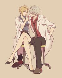  1boy 1girl blonde_hair cigarette cigarette_kiss collared_shirt commentary_request couple formal_clothes gintama hatch_(8cco) high_heels holding holding_lighter lab_coat lighter lighting_cigarette necktie sakata_gintoki shirt smoking teacher tsukuyo_(gintama) white_hair 