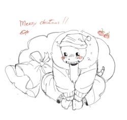  1boy 2025 2d blush_stickers bow christmas commentary cute digital_media drawstring english_commentary english_text fur-trimmed_hat fur-trimmed_jacket fur_trim gloves grin hat hood hood_down hooded_jacket humanoid jacket long_sleeves male male_focus male_only merry_christmas monochrome monster monster_boy open_clothes open_jacket sack sans_(undertale) santa_hat saturn80 shirt shorts simple_background single_vertical_stripe sitting skeleton sketch smile solo striped_shorts tail teeth text undead undertale utdr_(toby_fox) vertical-striped_clothes vertical-striped_shorts white_background white_fur 