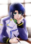  1boy athrun_zala blue_hair chair desk green_eyes gundam gundam_seed gundam_seed_destiny hand_on_own_chin military military_uniform nib_pen_(object) paper parubinko uniform window working 