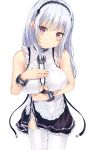  1girl anchor_choker apron azur_lane bangs bare_shoulders black_hairband blush breasts center_frills choker commentary_request dido_(azur_lane) eyebrows_visible_through_hair frilled_apron frilled_choker frills hairband highres lace-trimmed_hairband large_breasts long_hair looking_at_viewer maid maid_apron maid_dress ponyaru silver_hair simple_background sleeveless solo thigh-highs under_boob underboob_cutout violet_eyes waist_apron white_apron white_background white_legwear 