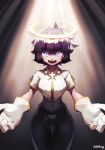  1girl absurdres azazel_(helltaker) bangs belt belt_buckle black_hair black_pants blue_eyes buckle collared_shirt cross gilmang gloves halo helltaker highres light light_rays looking_at_viewer open_mouth pants ribbon shirt short_hair short_sleeves solo white_ribbon white_shirt 