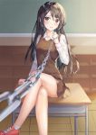  1girl black_eyes black_hair blurry blurry_background blush breasts brown_skirt brown_sweater_vest chain commentary_request crossed_legs holding_chain kokose long_hair long_sleeves looking_at_viewer medium_breasts original parted_lips shirt shoes sitting skirt solo uniform white_shirt 
