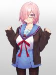 1girl alternate_costume bangs belt black_legwear blue_belt blue_skirt blush breasts brown_jacket collarbone commentary_request eyebrows_visible_through_hair eyes_visible_through_hair fate/grand_order fate_(series) glasses grey_background hair_over_one_eye jacket large_breasts lavender_hair long_sleeves looking_at_viewer mash_kyrielight mikan_(chipstar182) pantyhose parted_lips red_ribbon ribbon shirt short_hair simple_background skirt smile solo teeth violet_eyes white_shirt 