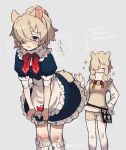  1boy 1girl alpaca_boy alpaca_ears alpaca_girl alpaca_suri_(kemono_friends) alpaca_tail alternate_costume animal_ears apron beige_vest blue_eyes blush bow bowtie closed_eyes collar commentary_request crossdressinging dress dress_tug embarrassed enmaided eyebrows_visible_through_hair frilled_collar frilled_dress frilled_legwear frills fur_collar fur_trim genderswap genderswap_(ftm) hair_over_one_eye hair_tubes hand_on_hip highres ichi001 kemono_friends kemono_friends_3 kneehighs long_sleeves maid maid_apron maid_dress maid_headdress navy_blue_dress neck_ribbon pantyhose puffy_short_sleeves puffy_sleeves red_neckwear ribbon short_hair short_sleeves shorts smile sparkle sweater tail tearing_up tears translation_request white_frills white_hair white_legwear white_sweater 