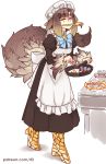  1girl ^_^ apron bangs blunt_bangs bonnet bow brown_hair closed_eyes cooking dress eyebrows_visible_through_hair food fried_egg frying_pan full_body juliet_sleeves kikimora_(monster_girl_encyclopedia) kitchen large_tail long_dress long_sleeves maid maid_apron monster_girl monster_girl_encyclopedia puffy_sleeves rtil scales solo tail tail_feathers tail_through_clothes wooden_spoon 