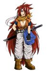  1girl absurdly_long_hair bangs belt belt_buckle black_nails blue_eyes boots breasts buckle chrono_trigger crono fingerless_gloves genderswap genderswap_(mtf) gloves headband highres katana large_breasts long_hair looking_at_viewer nail_polish one_eye_covered pants pouch redhead solo spiky_hair sword very_long_hair weapon white_background white_pants 