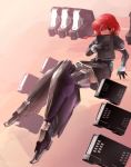  1girl alice_gear_aegis black_dress black_skirt book braid covering_mouth dress eyebrows_visible_through_hair floating fujino_yayoi green_eyes highres holding holding_book lkalka108 mecha_musume mechanical_arm mechanical_leg redhead skirt solo 