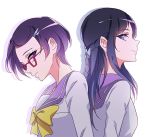  2girls back-to-back black_hair blue_eyes blue_hair closed_mouth collared_shirt dokidoki!_precure gradient_hair hair_ornament hairclip hishikawa_rikka kenzaki_makoto long_hair long_sleeves looking_back multicolored_hair multiple_girls negom precure purple_hair purple_sailor_collar sailor_collar sailor_shirt shiny shiny_hair shirt short_hair simple_background sketch smile upper_body violet_eyes white_background white_shirt yellow_neckwear 