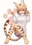  1girl animal_ear_fluff animal_ears animal_nose bangs blonde_hair blush breasts cat cat_ears cat_girl cat_tail claws commentary_request erumeruta furry highres knees_together_feet_apart looking_away medium_breasts open_mouth original panties panty_peek paw_pose pawpads simple_background slit_pupils solo striped_fur sweater tail underwear white_background white_fur white_panties white_sweater yellow_eyes 
