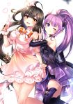  2girls :d ;) ahoge aisha_landar ara_haan bangs bare_shoulders black_bow black_dress black_hair black_sleeves blush bow breasts brown_dress brown_eyes brown_sleeves closed_mouth commentary_request detached_sleeves dress elsword eyebrows_visible_through_hair gloves hair_ribbon hand_up heart highres long_hair long_sleeves medium_breasts multiple_girls one_eye_closed one_side_up open_mouth pink_gloves pink_ribbon pleated_dress ponytail puffy_short_sleeves puffy_sleeves purple_hair purple_legwear ribbon shirt short_sleeves smile standing standing_on_one_leg thigh-highs upper_teeth v very_long_hair violet_eyes white_shirt xes_(xes_5377) 