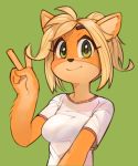  1girl alternate_hair_length alternate_hairstyle animal_ears bangs blonde_hair blush breasts closed_mouth coco_bandicoot crash_bandicoot english_commentary furry green_background green_eyes hand_up happy highres looking_at_viewer medium_breasts no_humans shirt short_hair short_sleeves simple_background smile solo upper_body v wamudraws white_shirt 