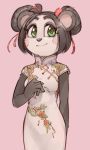  1girl animal_ears antenna_hair black_hair blush_stickers breasts china_dress chinese_clothes closed_mouth crash_bandicoot double_bun dress english_commentary floral_print furry green_eyes hair_ribbon hand_up happy looking_to_the_side medium_breasts no_humans panda_ears pink_background red_ribbon ribbon shiny shiny_hair short_hair short_sleeves simple_background smile solo standing tied_hair wamudraws white_dress yaya_panda 