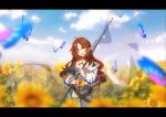  1girl :d ahoge arknights bangs banner belt blue_sky blurry brown_hair bug butterfly chinese_commentary clouds cloudy_sky cowboy_shot day depth_of_field dress eyebrows_visible_through_hair flag flower green_eyes head_tilt highres holding holding_flag insect jacket kagura_tohru letterboxed long_hair looking_at_viewer myrtle_(arknights) off_shoulder open_mouth outdoors parted_bangs pointy_ears sky smile solo sunflower wavy_hair white_dress white_jacket 