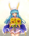  1girl absurdres animal_ears bangs bare_shoulders blue_dress blue_hair blunt_bangs blush brown_eyes closed_mouth collarbone crossed_arms dress eyebrows_visible_through_hair fake_animal_ears flower hairband highres holding holding_flower long_hair looking_at_viewer oma-chi original rabbit_ears ribbon smile solo sunflower yellow_ribbon 