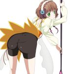  1girl ass bike_shorts breasts brown_hair flower green_eyes hair_flower hair_ornament hairband leia_rolando looking_at_viewer ribonzu short_hair_with_long_locks simple_background solo staff tales_of_(series) tales_of_xillia white_background 