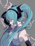  1girl absurdres aqua_eyes aqua_hair aqua_neckwear arm_up body_writing breasts collared_shirt commentary detached_sleeves earpiece eyelashes from_side grey_background grey_shirt hair_between_eyes hair_ornament hatsune_miku highres long_hair looking_down medium_breasts misho39 necktie profile shirt simple_background solo twintails upper_body vocaloid wing_collar 