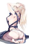  1girl apron armpits arms_up ass ayakumo back bare_shoulders barefoot blonde_hair blue_apron blue_eyes blush breasts eyebrows_visible_through_hair french_flag full_body hair_between_eyes highres kantai_collection large_breasts long_hair looking_at_viewer looking_back mole mole_under_eye panties richelieu_(kantai_collection) shadow sitting soles solo underwear white_background white_panties 
