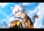  1girl ;d animal_ears animal_on_shoulder arknights binoculars black_gloves blue_eyes blue_sky chinese_commentary cliffheart_(arknights) clouds cloudy_sky coat commentary day eyebrows_visible_through_hair fang fur-trimmed_coat fur_trim gloves hair_between_eyes highres holding_binoculars kagura_tohru leopard_ears leopard_tail letterboxed looking_at_viewer one_eye_closed open_mouth orange_coat outdoors short_hair silver_hair sky smile solo sweater tail upper_body white_sweater winter_clothes 