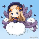  &gt;_&lt; 1girl :3 abigail_williams_(fate/grand_order) bangs black_bow black_dress black_headwear blonde_hair blue_background blue_eyes bow chibi closed_eyes closed_mouth clouds commentary_request dress fate/grand_order fate_(series) forehead gradient gradient_background hair_bow hat long_hair long_sleeves miicha mutsuki_face object_hug orange_bow parted_bangs polka_dot polka_dot_bow sleeves_past_fingers sleeves_past_wrists smile solid_circle_eyes solo stuffed_animal stuffed_toy suction_cups teddy_bear tentacles twitter_username very_long_hair 